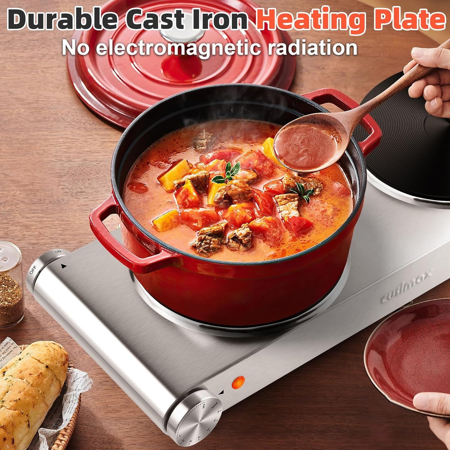 CUSIMAX Double Burner, Electric Hot Plates for Cooking, 1800W Double Hot Plate, Portable Electric Stove, Countertop Burners with Cast Iron Heating Plates, Works with All Cookwares, Upgraded Version