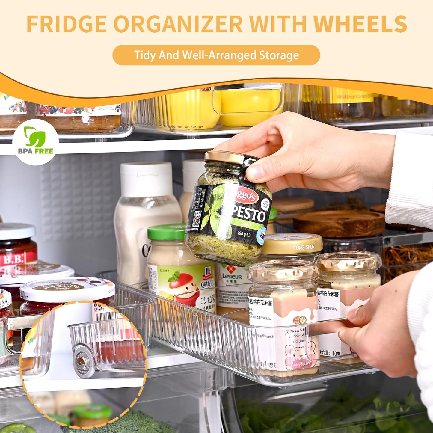 Refrigerator Organizers and Storage Roll Out Storage Bins Fridge Organizer with Wheels BPA-Free Clear Plastic Storage Bins Pantry Organizers and Storage 2 Pack
