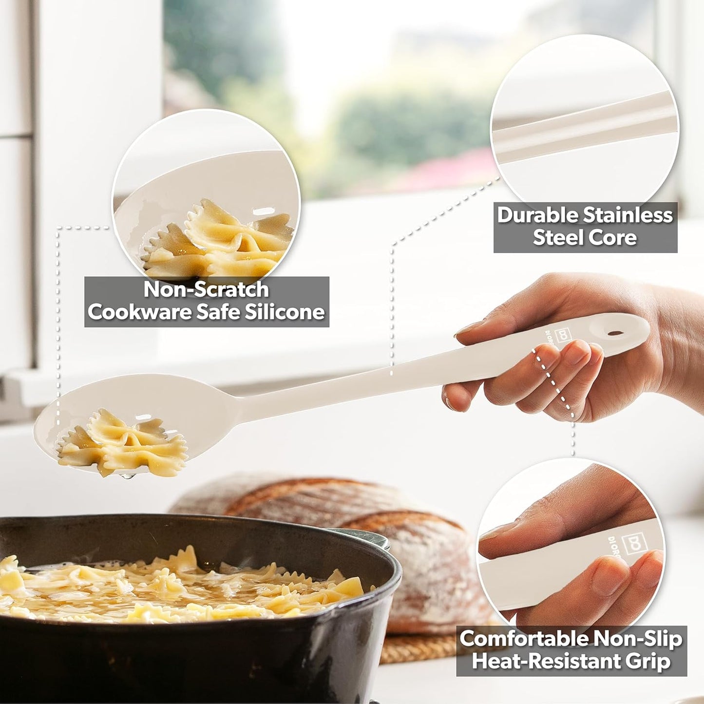 DI ORO Silicone Spoons for Cooking - Large Kitchen Spoons for Mixing, Serving, & Stirring - 600°F Heat-Resistant Non Stick Utensils – Big Solid & Slotted Basting Spoons - Dishwasher Safe (2pc, Clay)