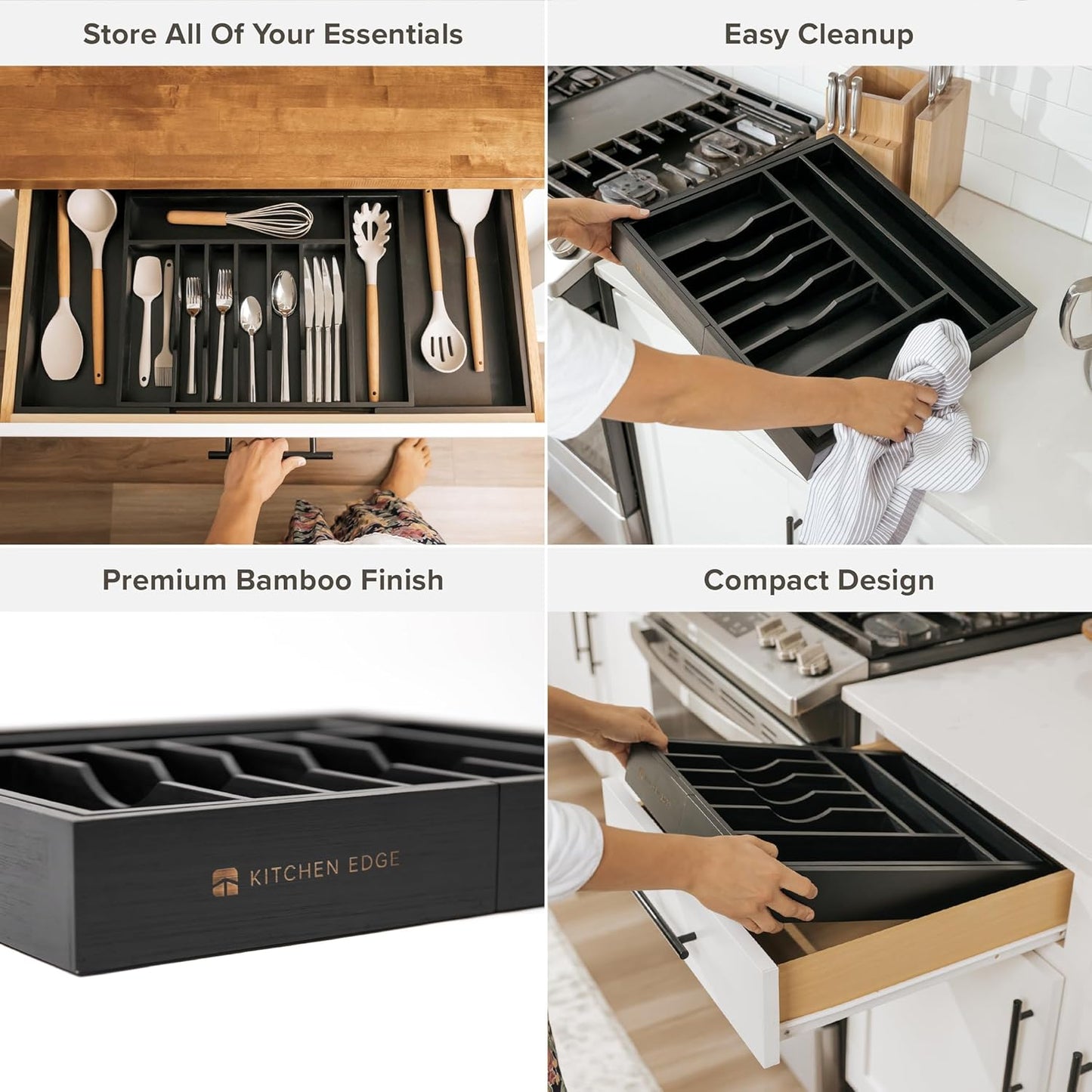 Premium Silverware, Flatware and Utensil Organizer for Kitchen Drawers, Food-Safe Contract Grade, Expandable from 18 to 33 In, Black Bamboo