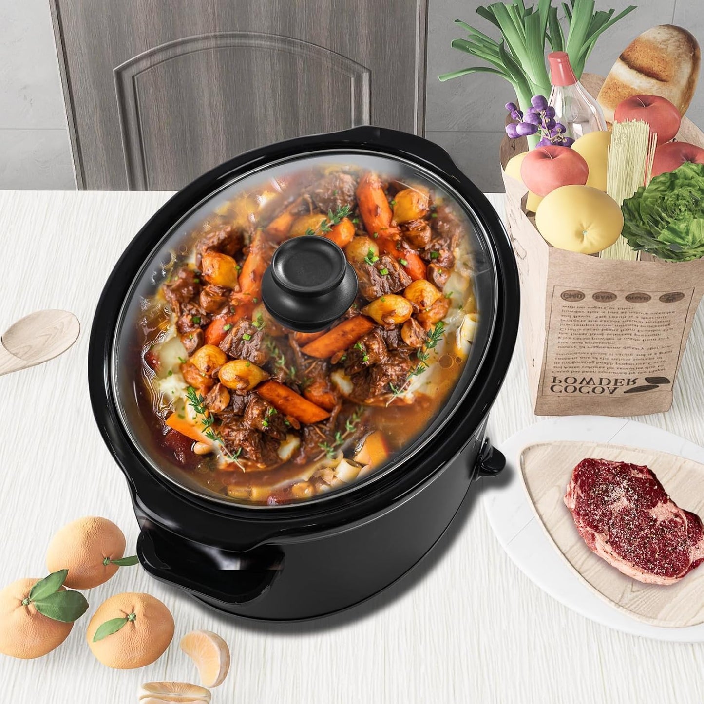 HOMECOOKIN 7 Quart Slow Cooker Oval Manual Pot Food Warmer with 3 Cooking Settings, Black Stainless Steel