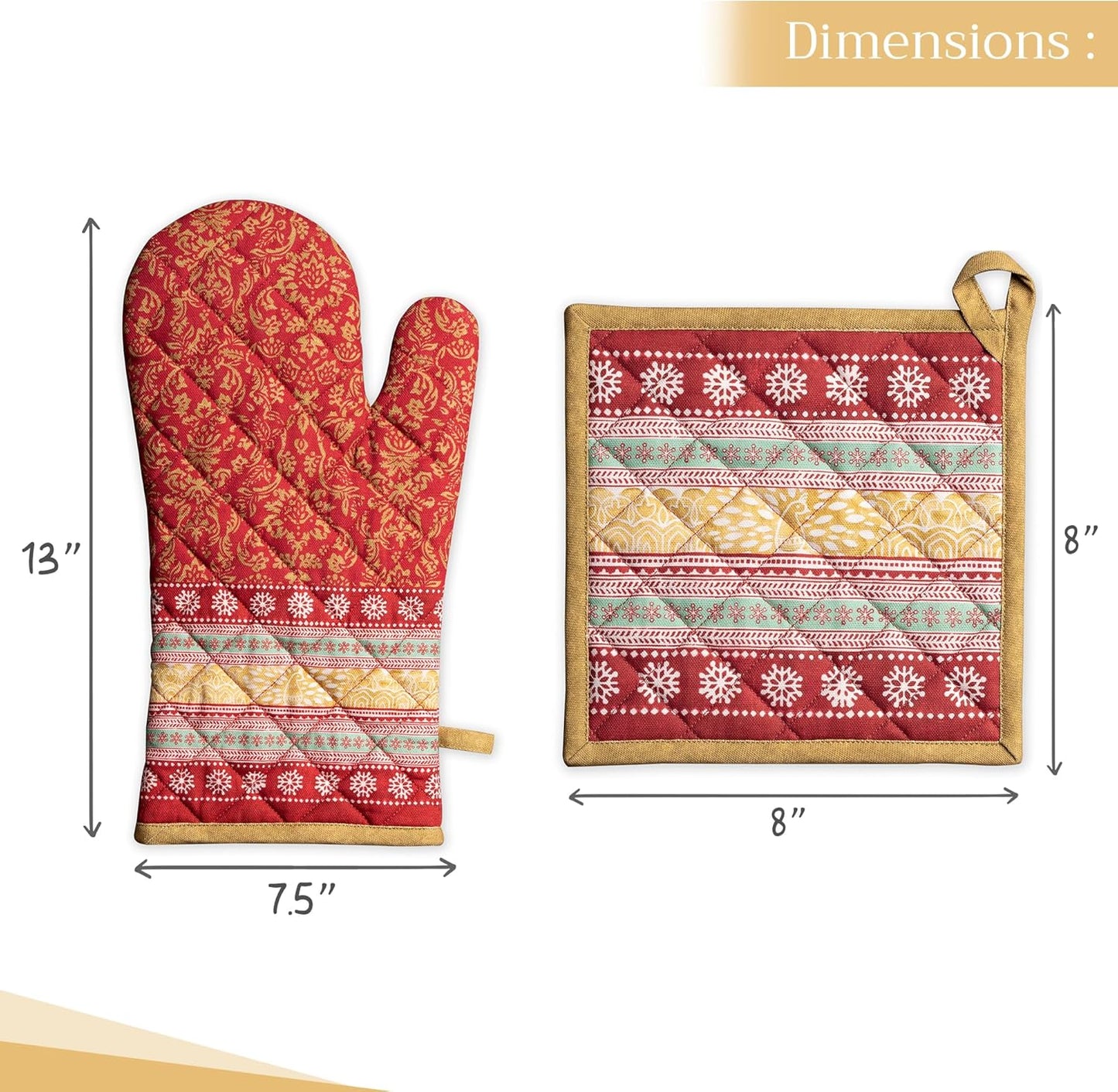 Maison d' Hermine 100% Cotton Oven Mitt & Pot Holder Set (7.5"x13" & 8"x8") Heat Resistant BBQ Cooking Gloves with Loop, Baking, Grilling, Kitchen, Handling Hot Pans (Sofia)