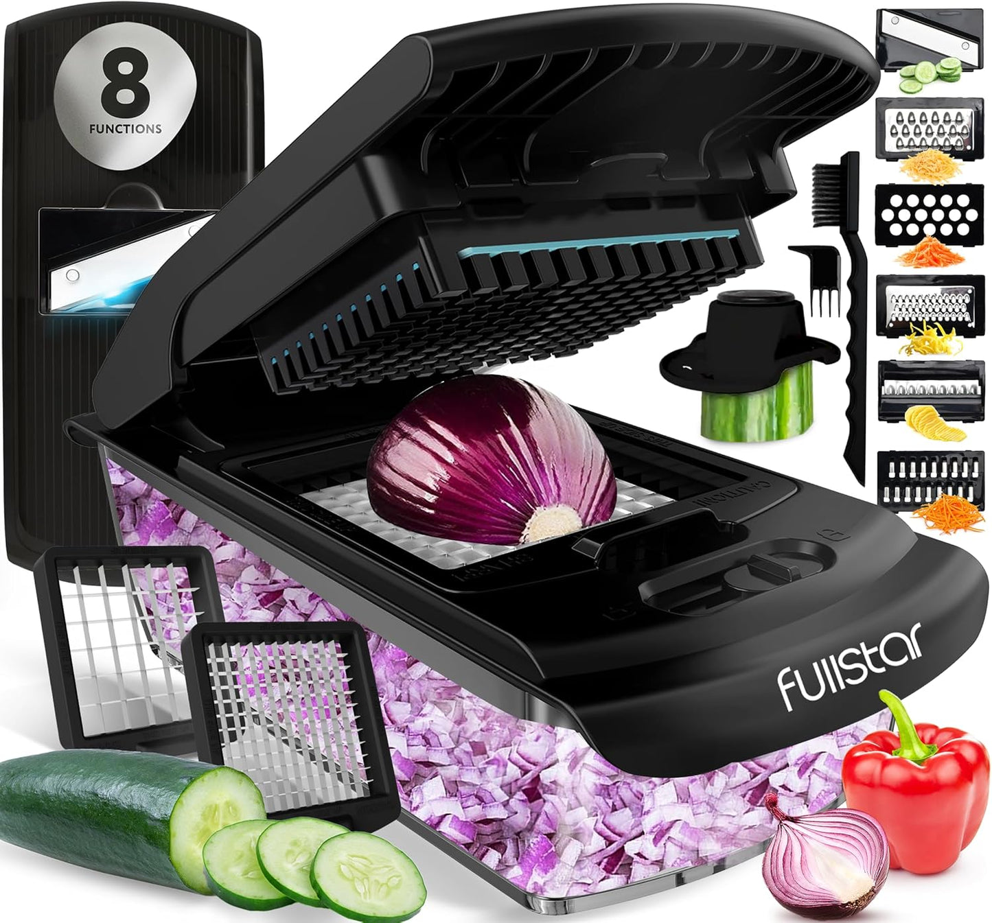 Fullstar Vegetable Chopper & Mandoline Slicer for Kitchen - Food Chopper with Container, Cheese Grater, Home Essentials & Kitchen Gadgets (All in 1, Black)