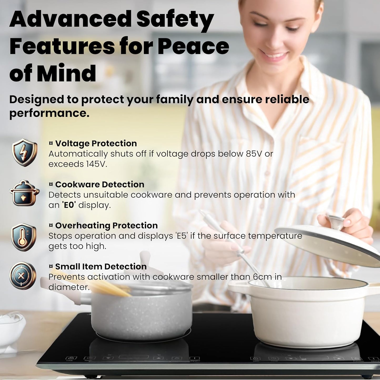 OMEO Portable Double Induction Cooktop 2 Burner Electric Cooktop, Touch Control 110V Induction Cooker with Safety Lock, Pause, Auto Shutoff Timer Setting, 9 Heating Level and Overheating Protection