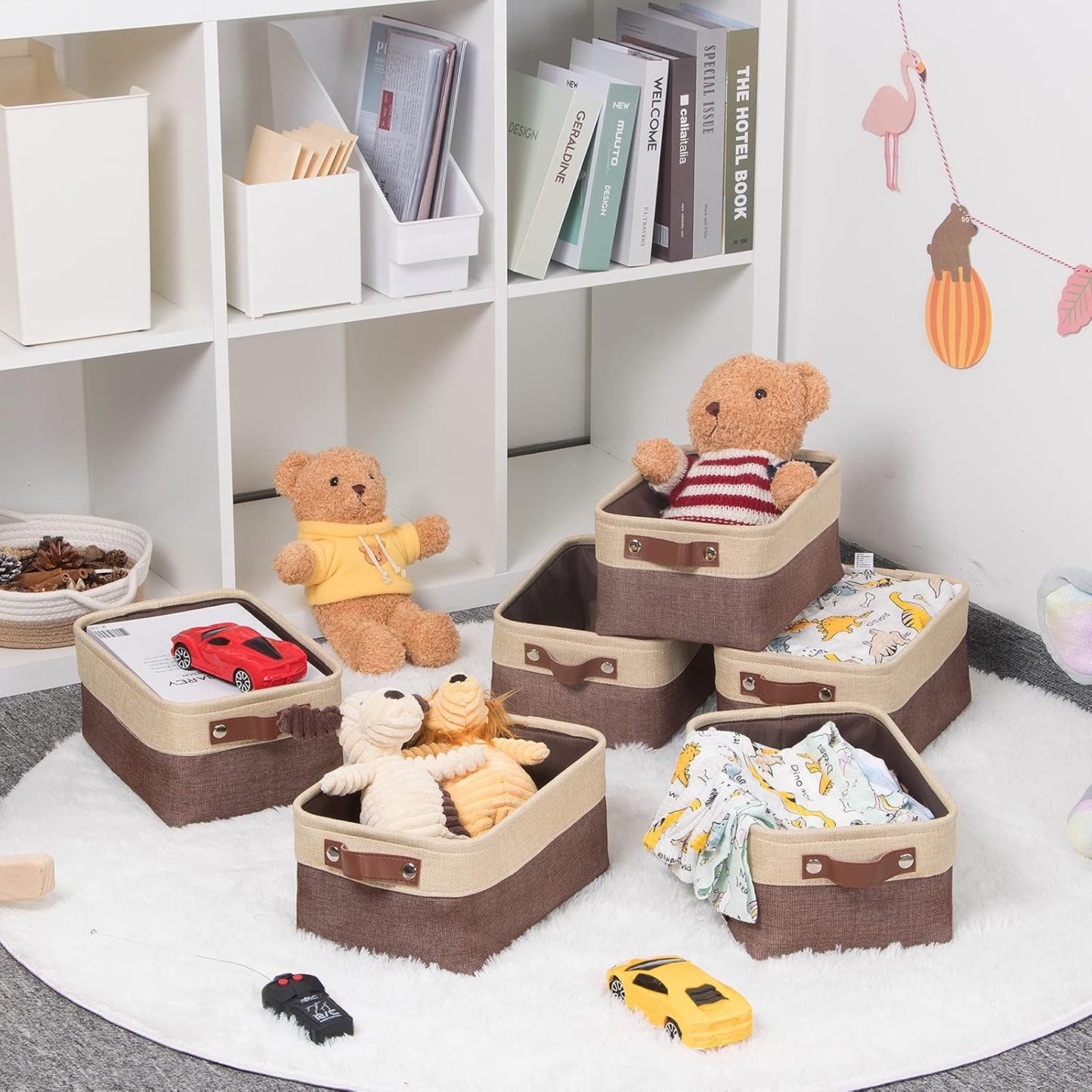 HNZIGE Foldable Fabric Storage Baskets for Shelves(6pack) Small Bins with Handles, Canvas Baskets for Gifts Empty With Handles for Closet Nursery Home Shelves Toy (Gold&Brown, 11.8" x 7.8" x 5.1")