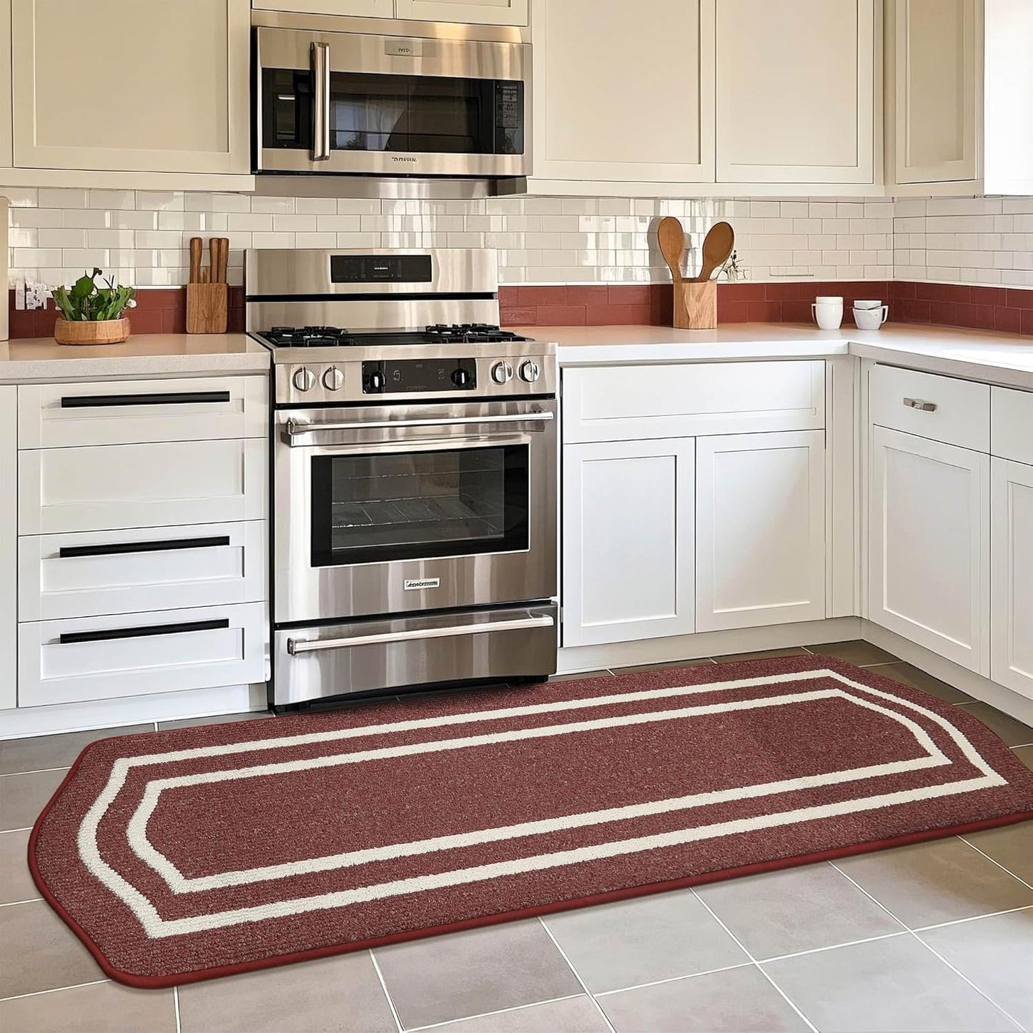 COSY HOMEER Long Kitchen Floor Mats for in Front of Sink Super Absorbent Kitchen Rugs and Mats 24"x79" Non-Skid Kitchen Mat Standing Mat Washable,Polypropylene,Red,Frame