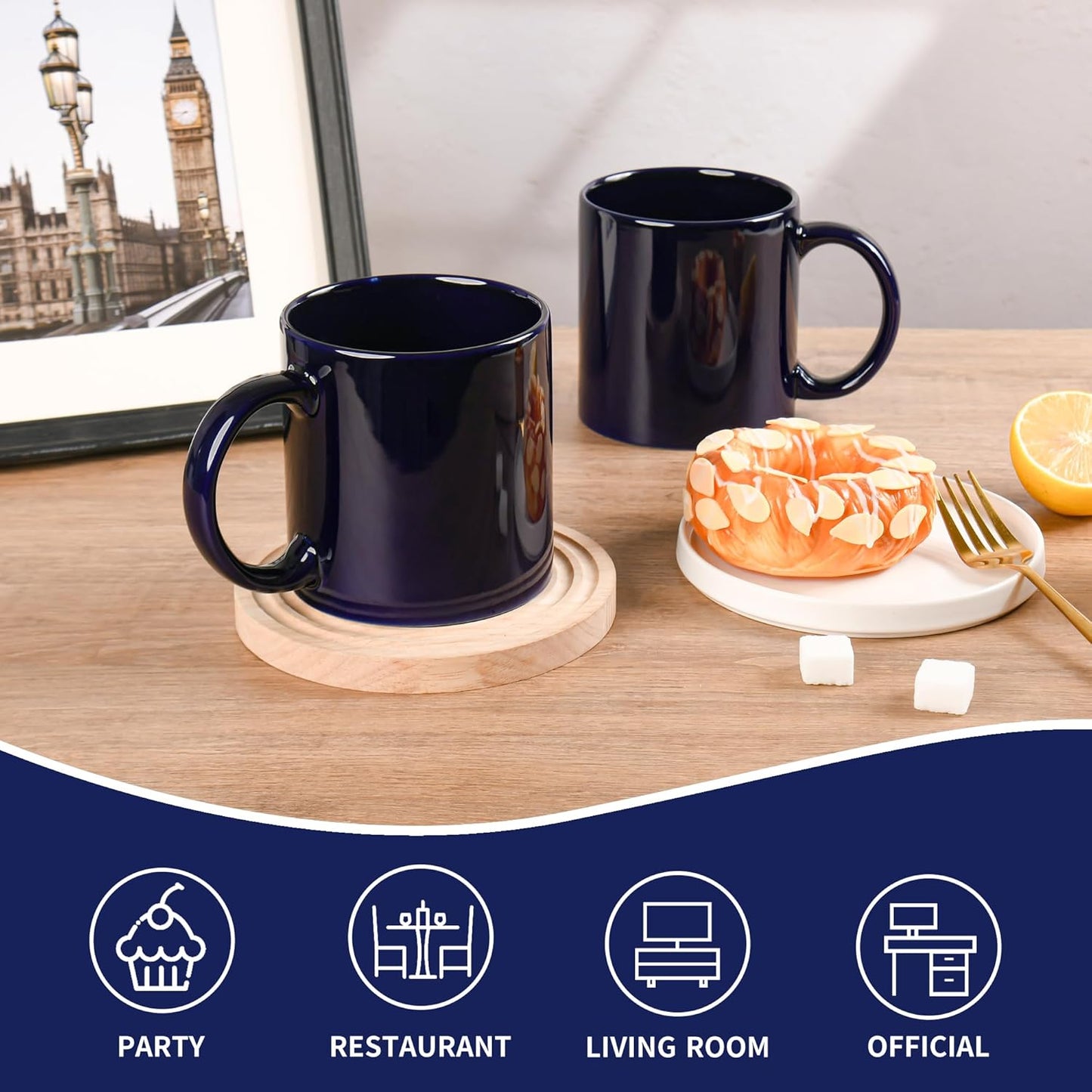 22oz Super Large Ceramic Coffee Mugs Large Handles Set of 4 (Cobalto)