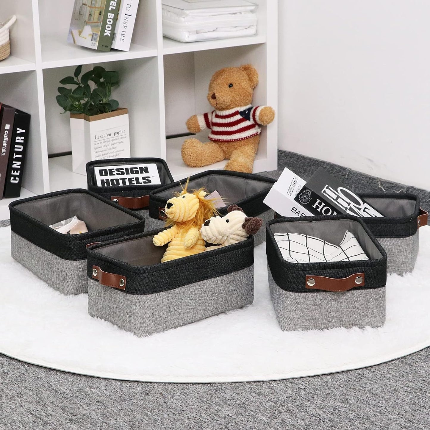 HNZIGE Small Storage Baskets Fabric Bins(6-Pack)Baskets for Shelves, Empty Gift baskets with Leather Handles,Folable Baskets for organizing Clothes, Toys, Books, Gifts(Black&Gray,11.8" x 7.8" x 5.1")