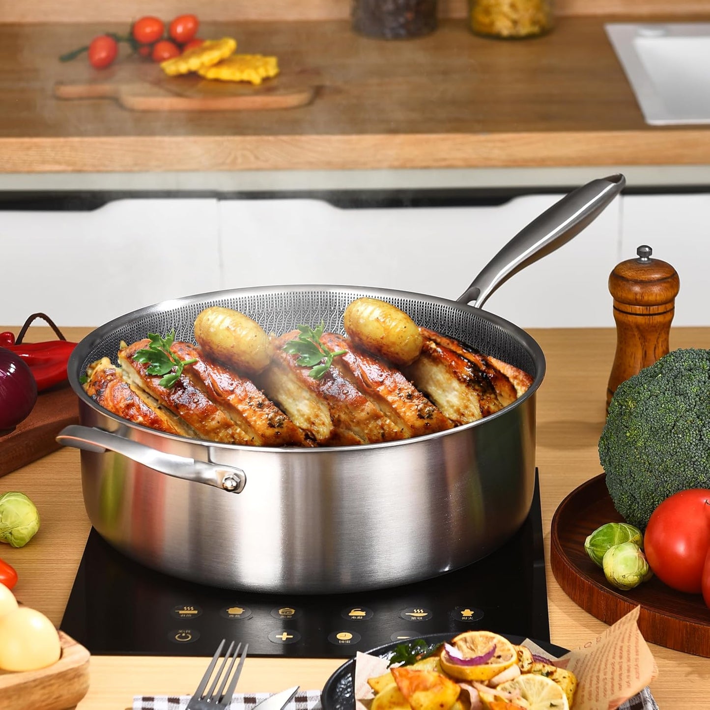 LOLYKITCH 7 Quarts Hybrid Non Stick Tri-Ply Stainless Steel Sauté Pan with Lid,12 Inch Deep Frying Pan,Large Skillet,Induction Cooking Pan, Oven Safe and Detachable Handle.