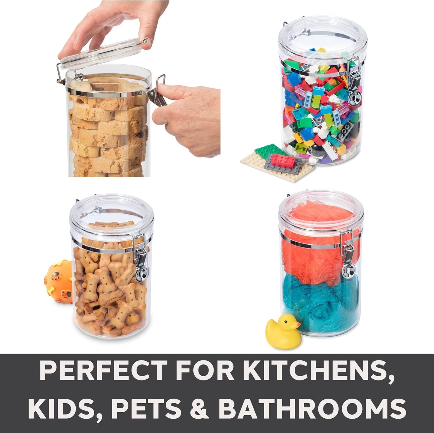 Oggi 4pc Clear Canister Set with Clamp Lids & Spoons - Airtight Food Storage Containers, Ideal for Kitchen & Pantry Storage of Bulk, Dry Food Including Flour, Sugar, Coffee, Rice, Tea, Spices & Herbs