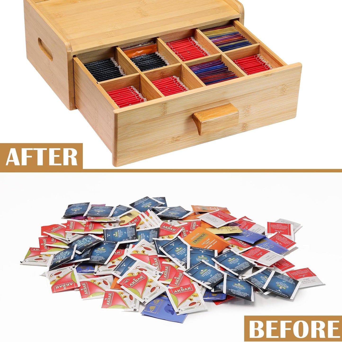 Bamboo Tea Bag Organizer, Slide Drawer Storage Box with 8 Compartments, Eco-Friendly Countertop Holder Display for Teabags, Tea Station Chest, Organizador De Te