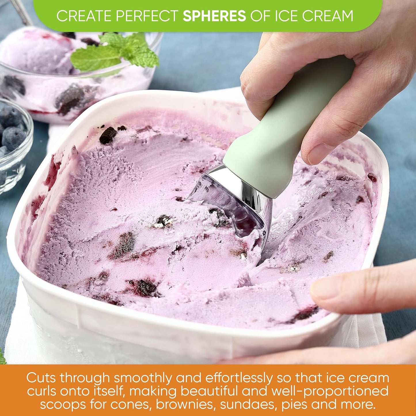 Spring Chef Ice Cream Scoop with Comfortable Handle, Professional Heavy Duty Sturdy Scooper, Premium Kitchen Tool for Cookie Dough, Gelato, Sorbet, Pistachio