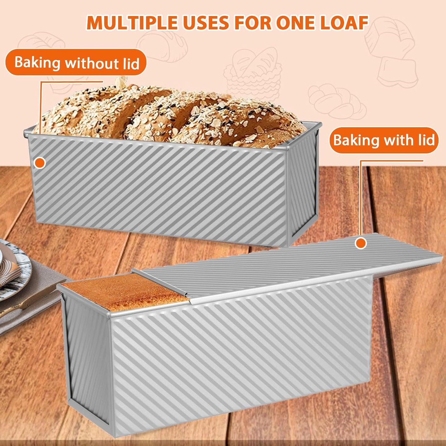 Non-Stick Pullman Loaf Pan with Lid 13x4 Inch - 2.2lb Carbon Steel Bread Baking Pan with 4 Vent Holes, Heavy Duty Sourdough Loaf Pan with Cover for Homemade Sandwich Bread (Silver)