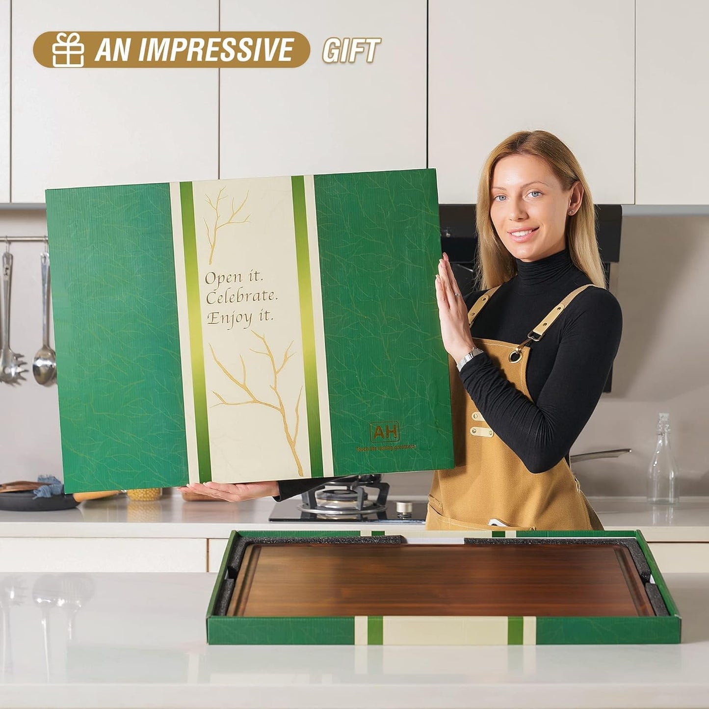 AZRHOM XXL Large Walnut Wood Cutting Board for Kitchen 24x18 (Gift Box) with Juice Groove Handles Non-slip Mats Thick Reversible Butcher Block Chopping Board