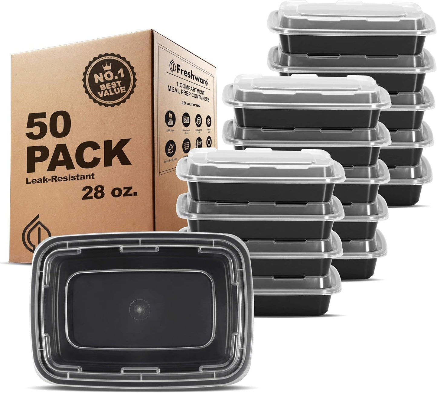 Freshware Meal Prep Containers 1 Compartment Food Storage Containers with Lids, Bento Box, BPA Free, Stackable, Microwave/Dishwasher/Freezer Safe (28 oz), 50 Count (Pack of 6)