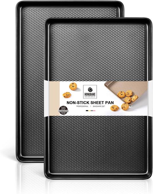 HONGBAKE 2 Pack Jelly Roll Pan Set 15x10, Cookie Sheets for Baking with Diamond Texture, Baking Sheets Non Stick, Non Toxic Oven Trays for Cooking, Heavy Duty 57% Thicker Carbon Steel, Dark Gray