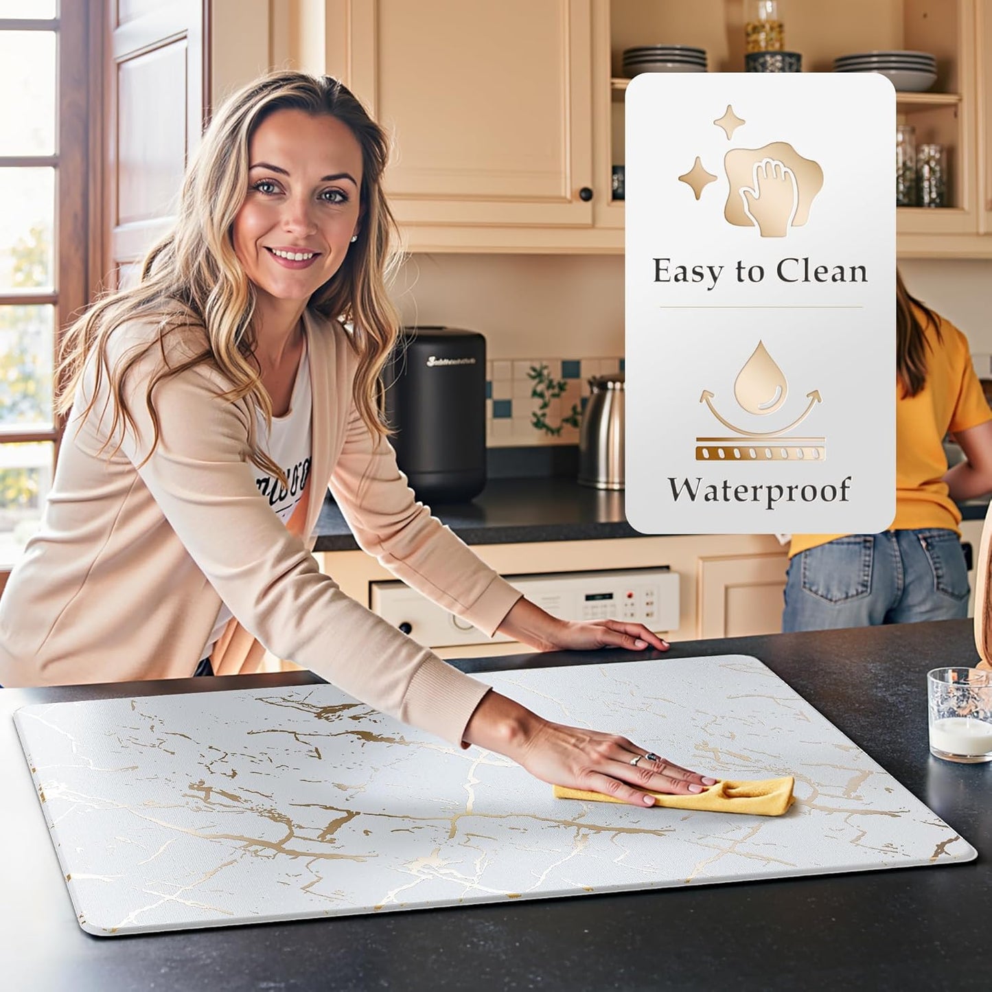 Gold Foil Stamped Marble Kitchen Mats for Floor 2PCS Cushioned Anti Fatigue Non Slip Waterproof Comfort Leather Kitchen Rugs 2/5 Inch PVC Kitchen Mats for Sink, Laundry, 17.3"x28"+17.3"x59",White
