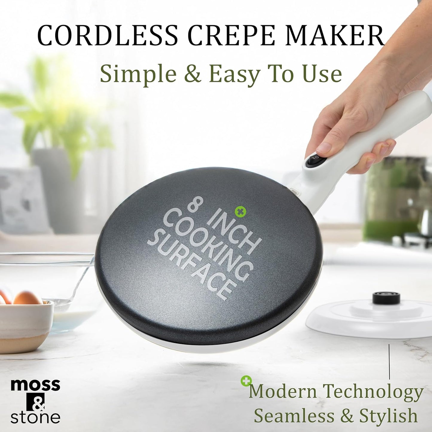 Moss & Stone Cordless Electric Crepe Maker With Auto Power Off, On/Off Switch & Dual Temperature Setting, 8 Inch Portable Crepe Maker & Non-Stick Dipping Plate, Nonstick Ceramic Coating Pan