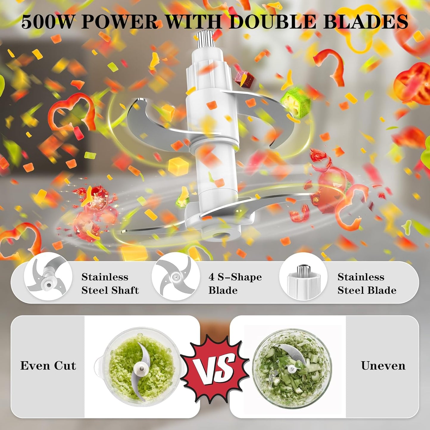 KingAcc Food Processor, 8-Cup 500W Meat Grinder & Mini Electric Vegetable Chopper with Copper Motor, 2 Blades & Dual Bowls (Glass+Stainless Steel), Overheat Protection for Baby Food/Meat/Home Kitchen