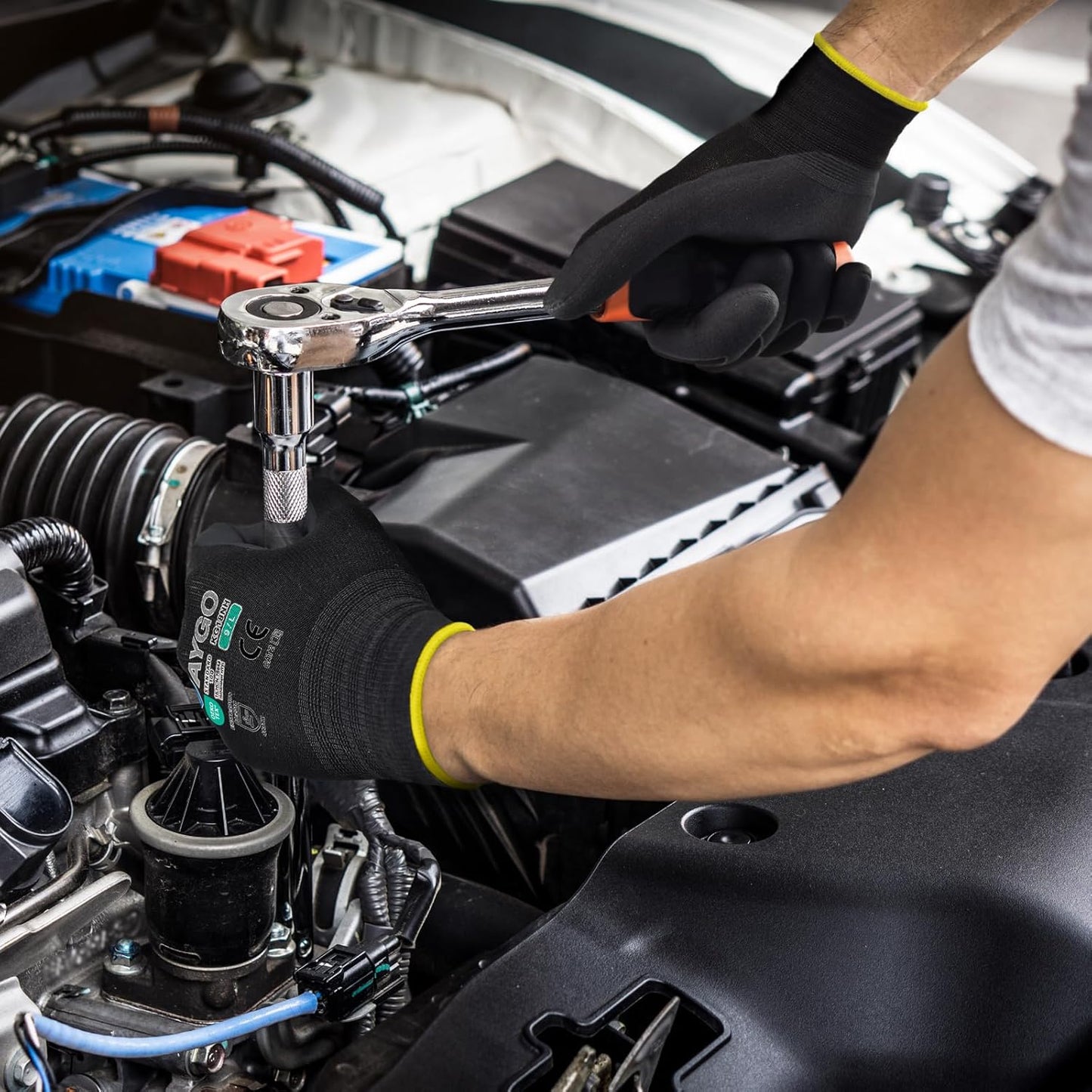 KAYGO Safety Work Gloves MicroFoam Nitrile Coated, 3 Pairs KG18NB,Seamless Knit Nylon Glove with full fingers Touchscreen, Ideal for Automotive,Warehouse,Construction (2XL, Black)