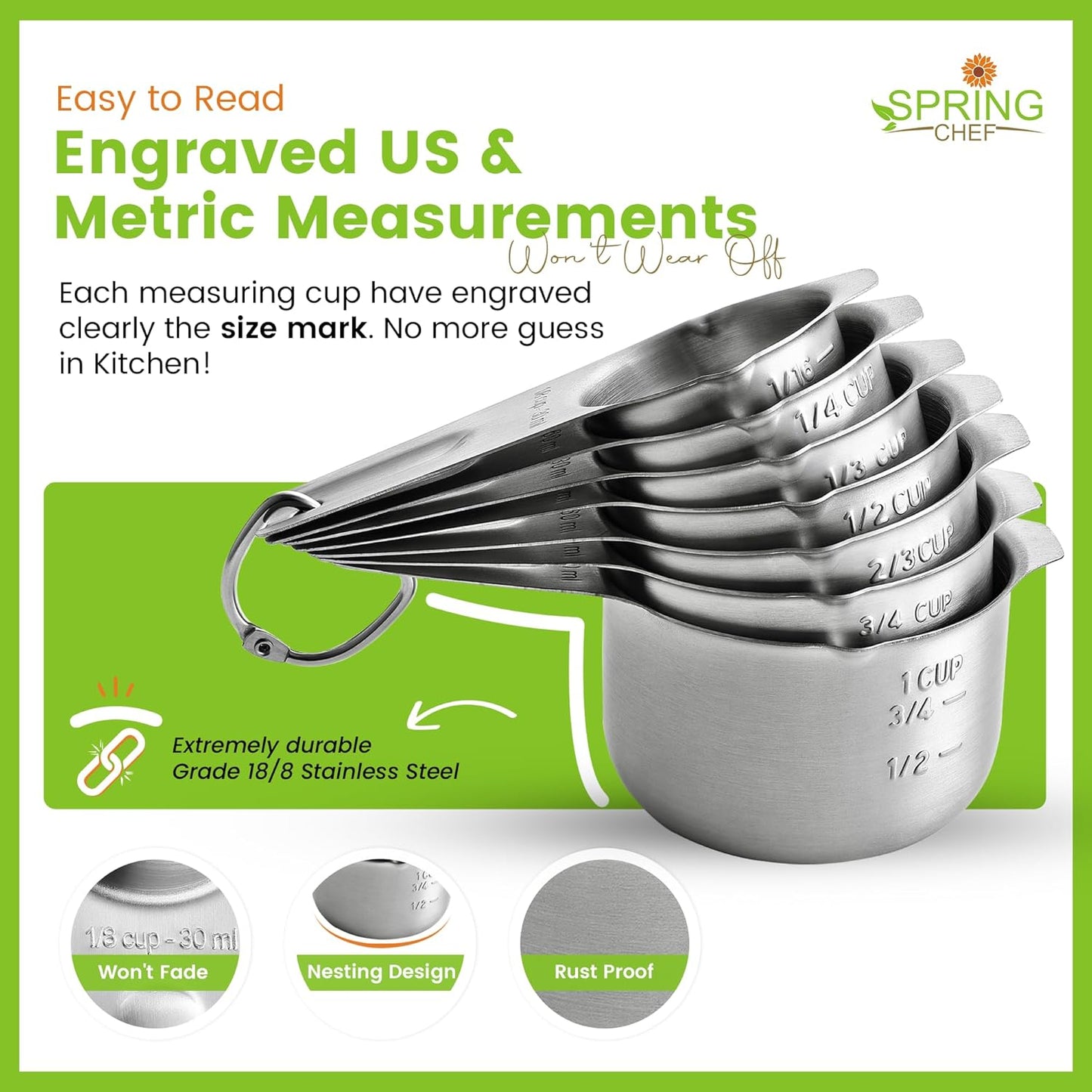 Spring Chef Stainless Steel Measuring Cups Set of 7 with Pour Spout - Nesting Kitchen Tools with Easy Read Markings to Measure Dry or Liquid Ingredients - Metal Measuring Cups for Baking & Cooking