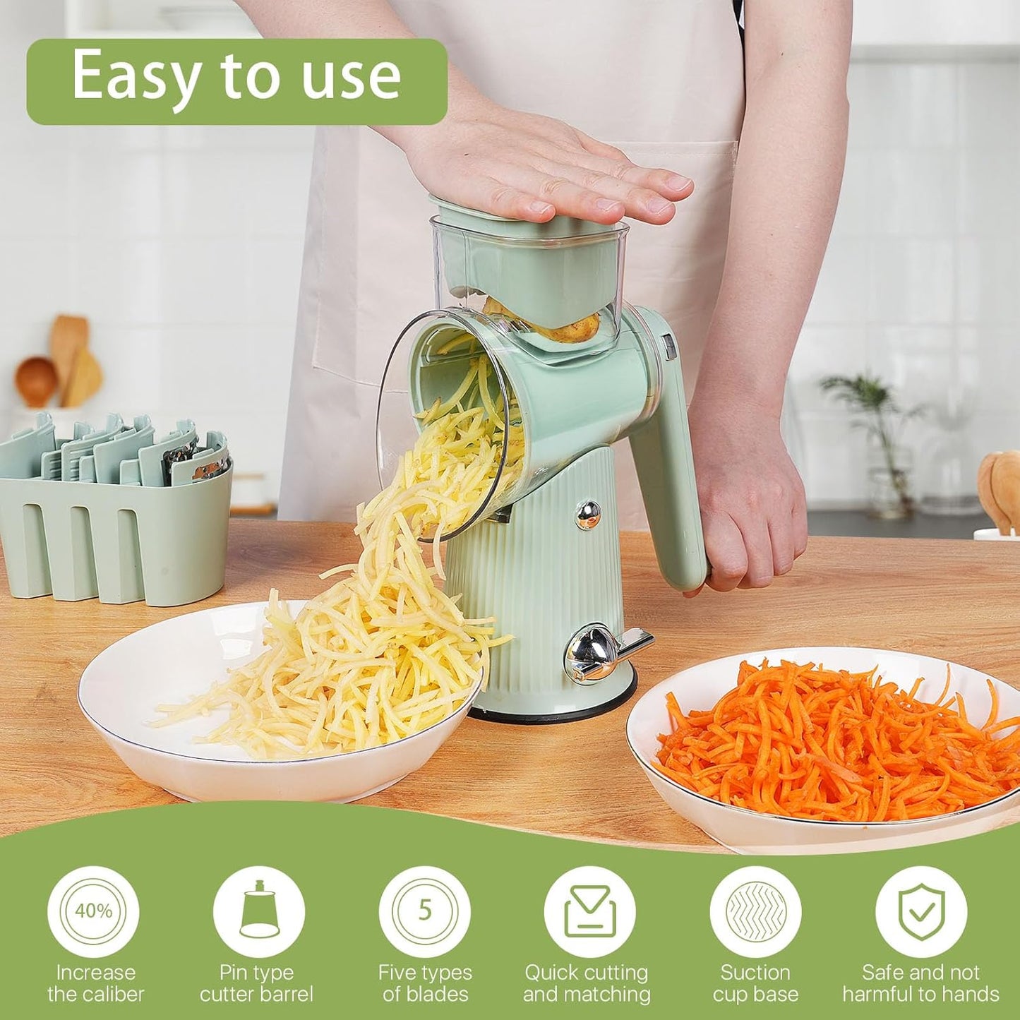 Rotary Cheese Grater,Multifunction 5 In 1 Chopper Vegetable Cutter Slicer, Round Mandoline Drum Slicer,Cheese Shredder,Grater With Handle,Easy to Clean Kitchen Gadgets with Storage Box