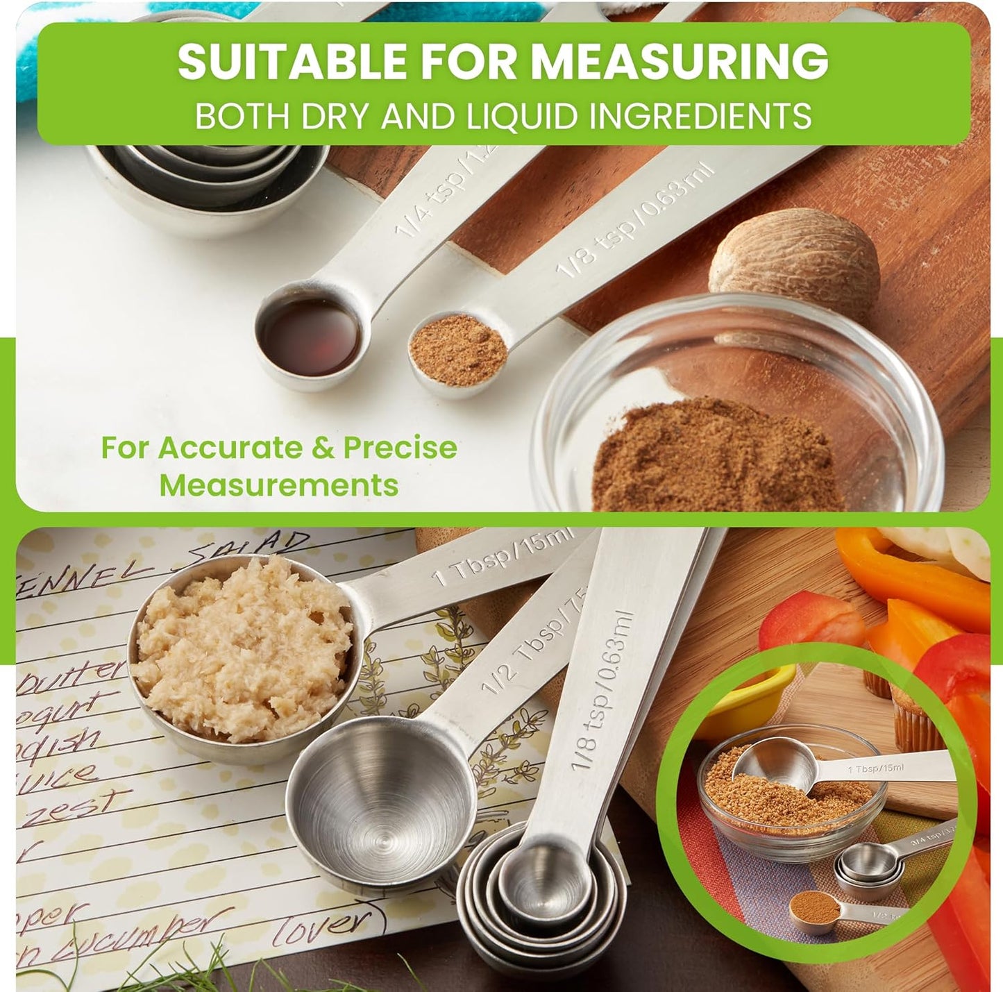 Spring Chef Stainless Steel Measuring Spoons Set of 8 with Leveler, Round Metal Teaspoon & Tablespoon Measuring Spoons - Nesting Kitchen Gadgets For Baking & Cooking, Dry & Liquid Ingredients