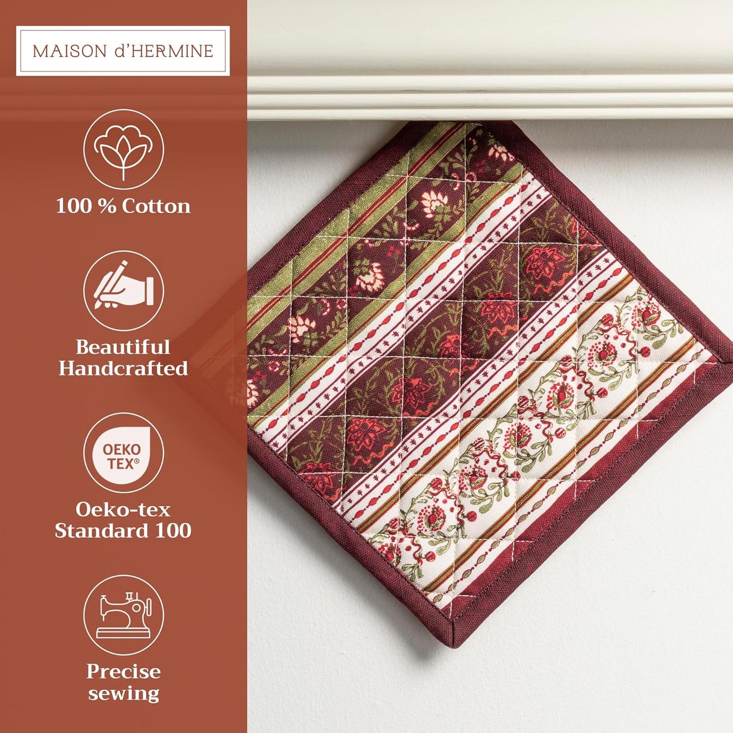 Maison d' Hermine Pot Holders Set 100% Cotton Heat Resistant Potholders 8" x 8" Hot Pads with Loop BBQ, Cooking, Baking, Grilling, Kitchen, Handling Hot Pans (Pack of 2, Reveillon Au Jardin)