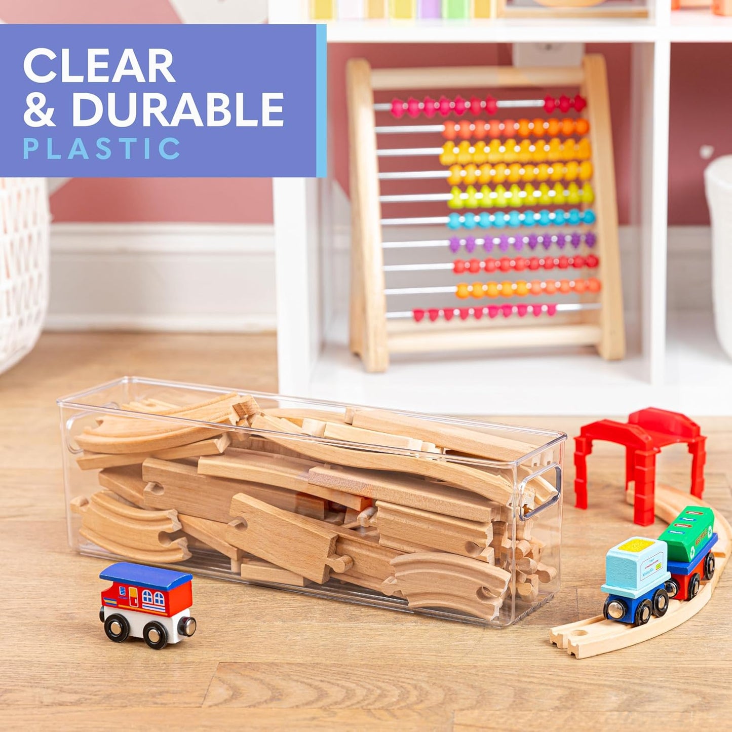 Plastic Food Storage 2 Pack Clear Container Bin with Handles for Organizing Kitchen, Pantry, Refrigerator, Freezer, Pantry, Cabinet, Closet, Bathroom. 14”x4”x5”