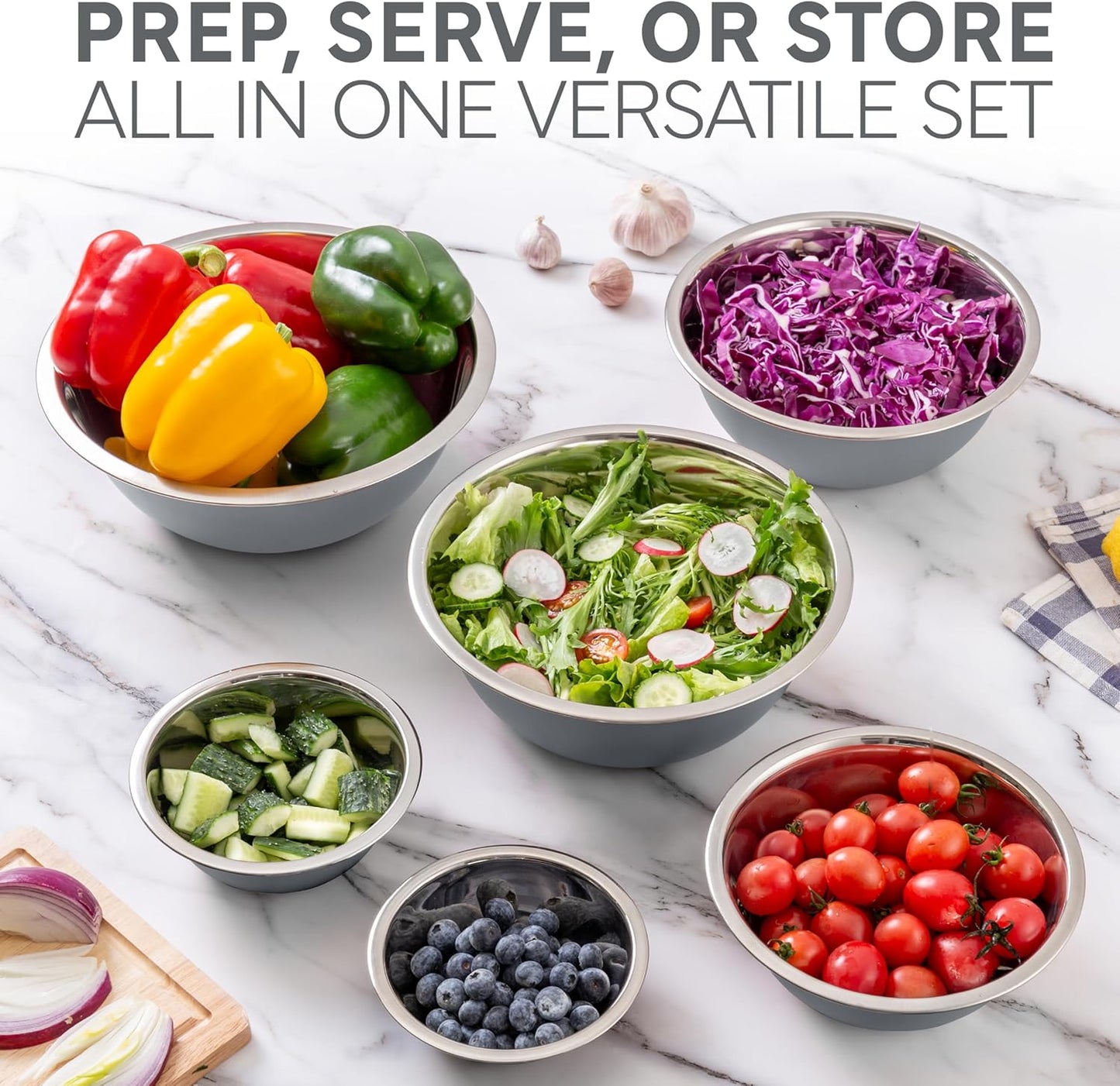 COOK WITH COLOR Stainless Steel Mixing Bowls Set - Nesting Bowls, 6 Pieces, Grey