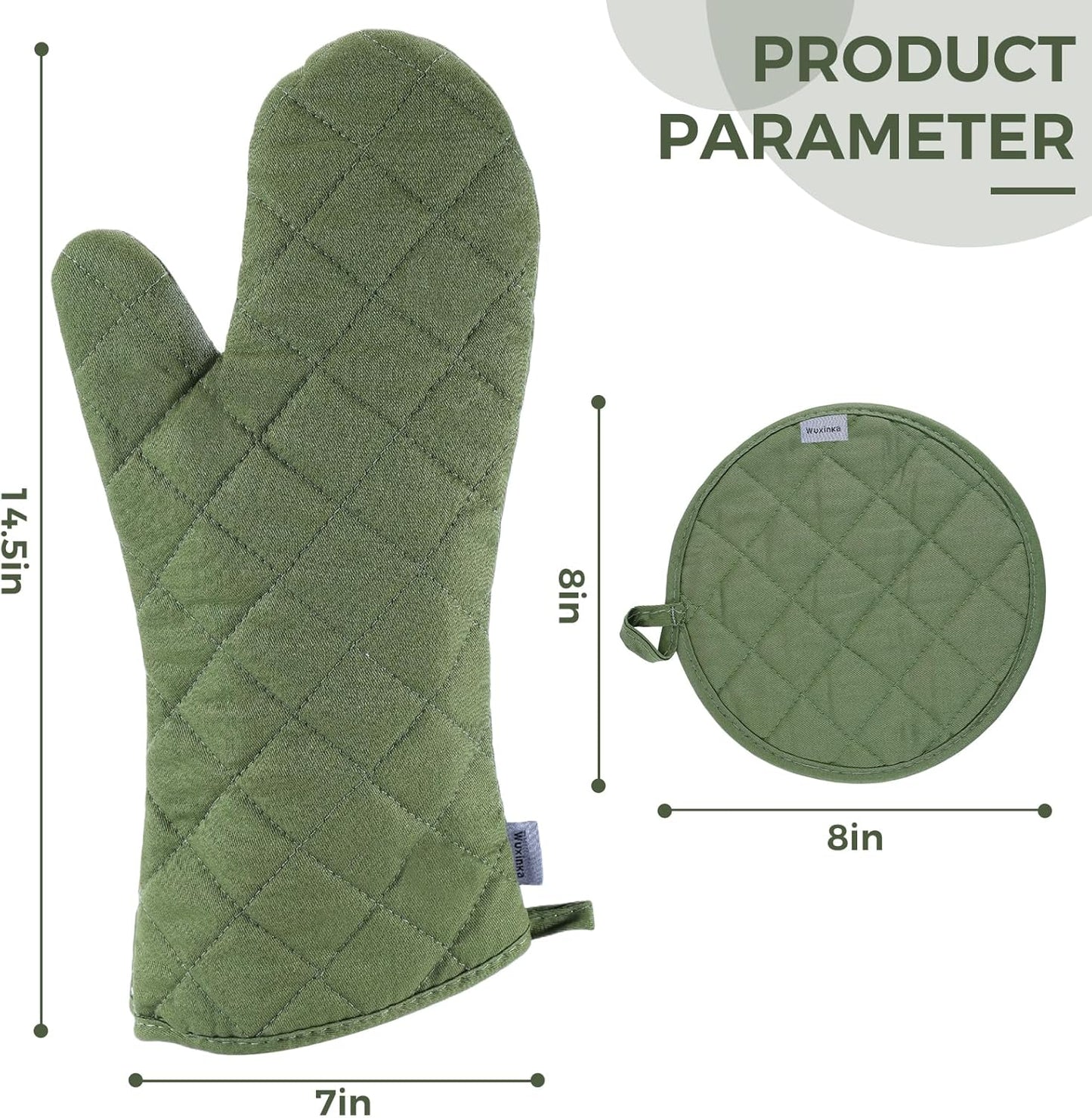 Set of 4 Oven Mitts and Pot Holder Heavy and Tall Kitchen Cotton Gloves Lined Towelcloth, Gloves Length 40cm, Pot Holder Width 20cm Diameter Round… (Army Green)