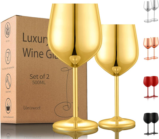 Stainless Steel Wine Glasses Set of 2, 18 oz Unbreakable Gold Wine Glass Unique Metal Wine Goblets for Outdoor Capming and Pool Gift for Wine Lovers