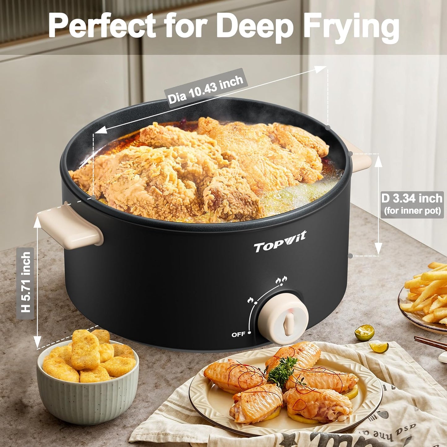 TOPWIT Hot Pot Electric, 4L Electric Pot with Non-Stick Coating, Dual Power Electric Cooker for Deep Frying, Steak, Pasta, Multi-Functional Large Capaity Shabu Shabu Pot for Party, Dark Black