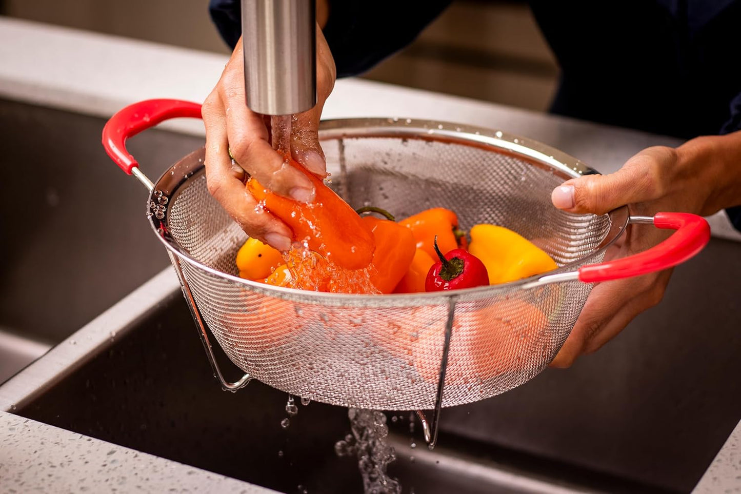 Hercules Chef by Mundial Stainless Steel Colander Strainer with Red Silicone Handles - 9.8"