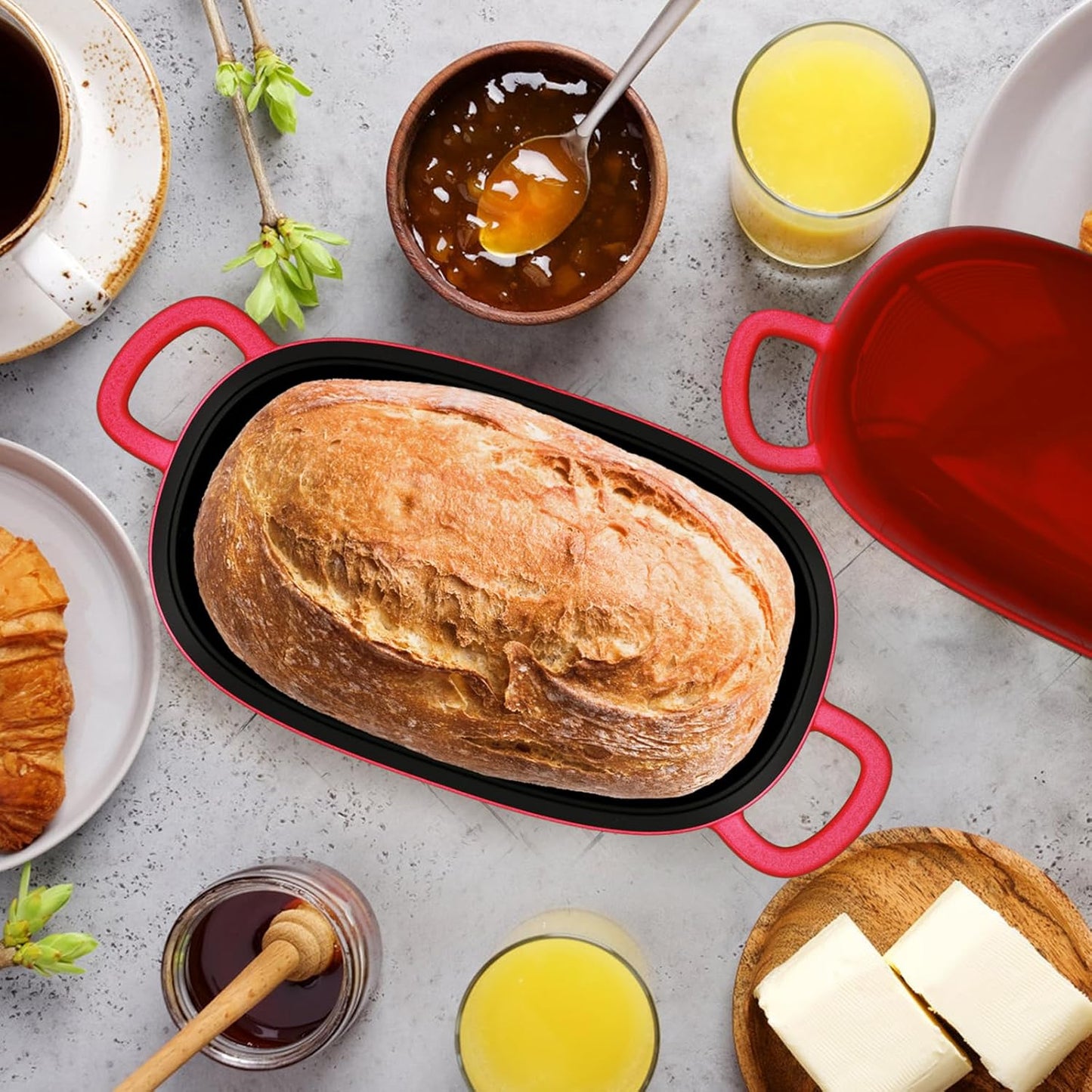 Dutch Oven for Bread Baking - 2.5QT Bread Pans for Homemade Bread Cast Iron Bread Pan Dutch Oven Loaf Pan with Lid and Loop Handles for Homemade Breadmaking, Red