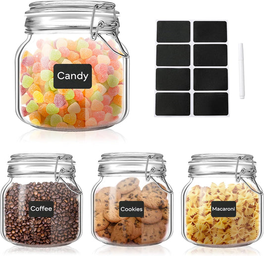 Glass Food Storage Jars with Airtight Lids 25 oz Square 4 Pack Kitchen Storage Containers Cabinet Canisters Sealed Pot Canning for Pasta, Cereal, Coffee, Beans, Spice