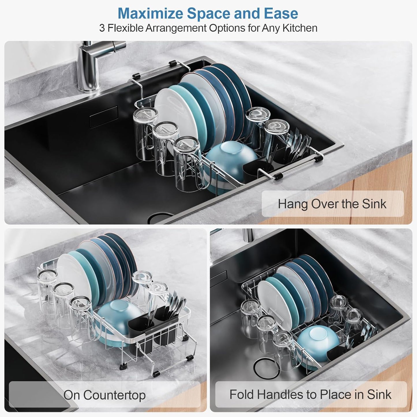 GSlife Expandable in Sink Small Dish Drying Rack - Stainless Steel Capacity Adjustable Over The Sink Dish Rack with Cup Holder and Utensil Holder, 12"~16.8" L x 10.4" W, Silver