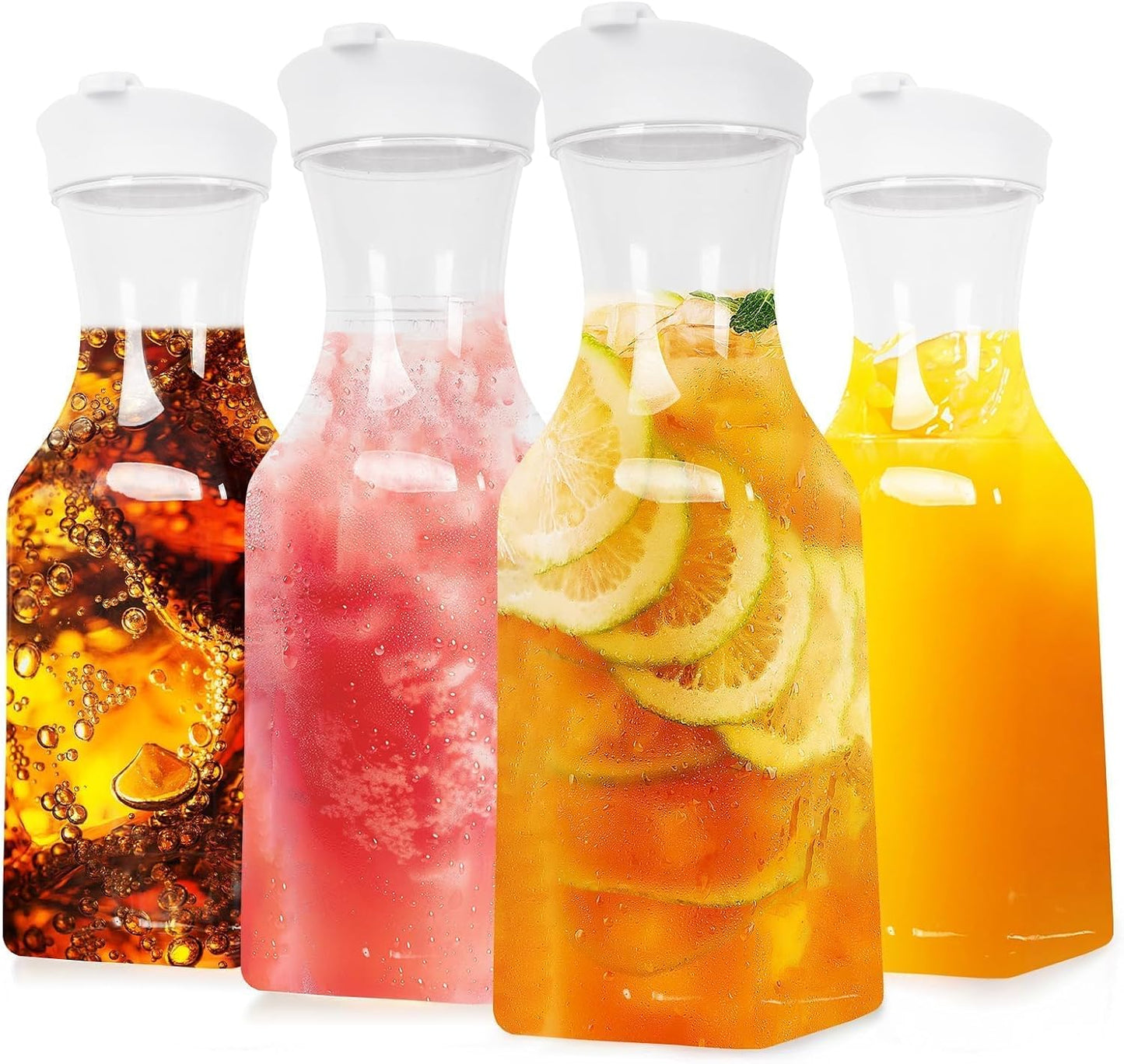 Set of 4 Plastic Carafe with Lid, 1 Liter Mimosa Bar Supplies, Large Square Base Juice Containers, Water Bottle, Milk Container, Clear Beverage Containers for Fridge
