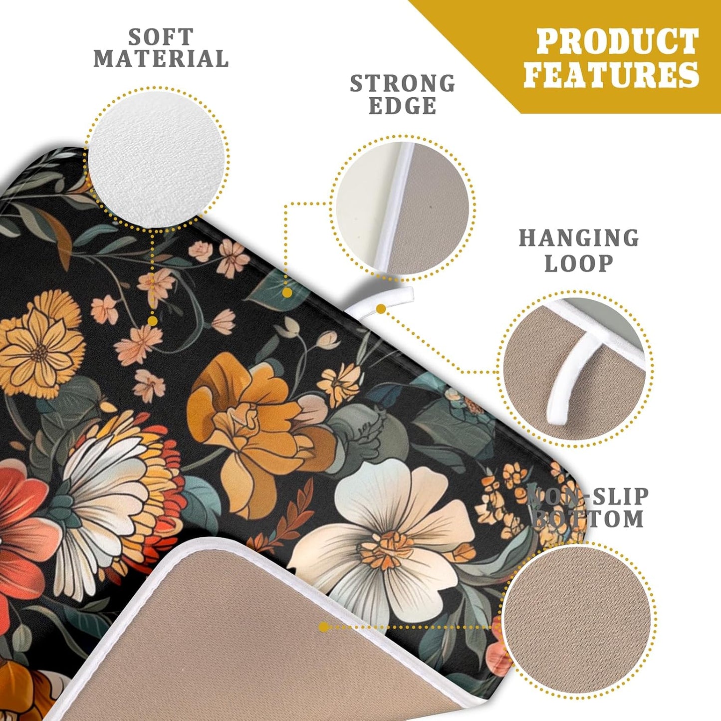 Vintage Floral Dish Drying Mat 16x18 inch Boho Flower Drainer Mats Fast Dry Absorbent Washable Dish Rack Pad Protector Kitchen Accessories