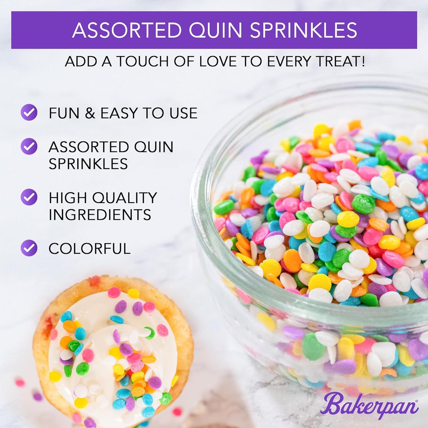 Bakerpan Quins Sprinkles for Cake Decorating - 4 Ounces - Rainbow Edible Confetti Sprinkles for Cupcakes, Ice Cream, Cookies, Cakes (Made in USA)