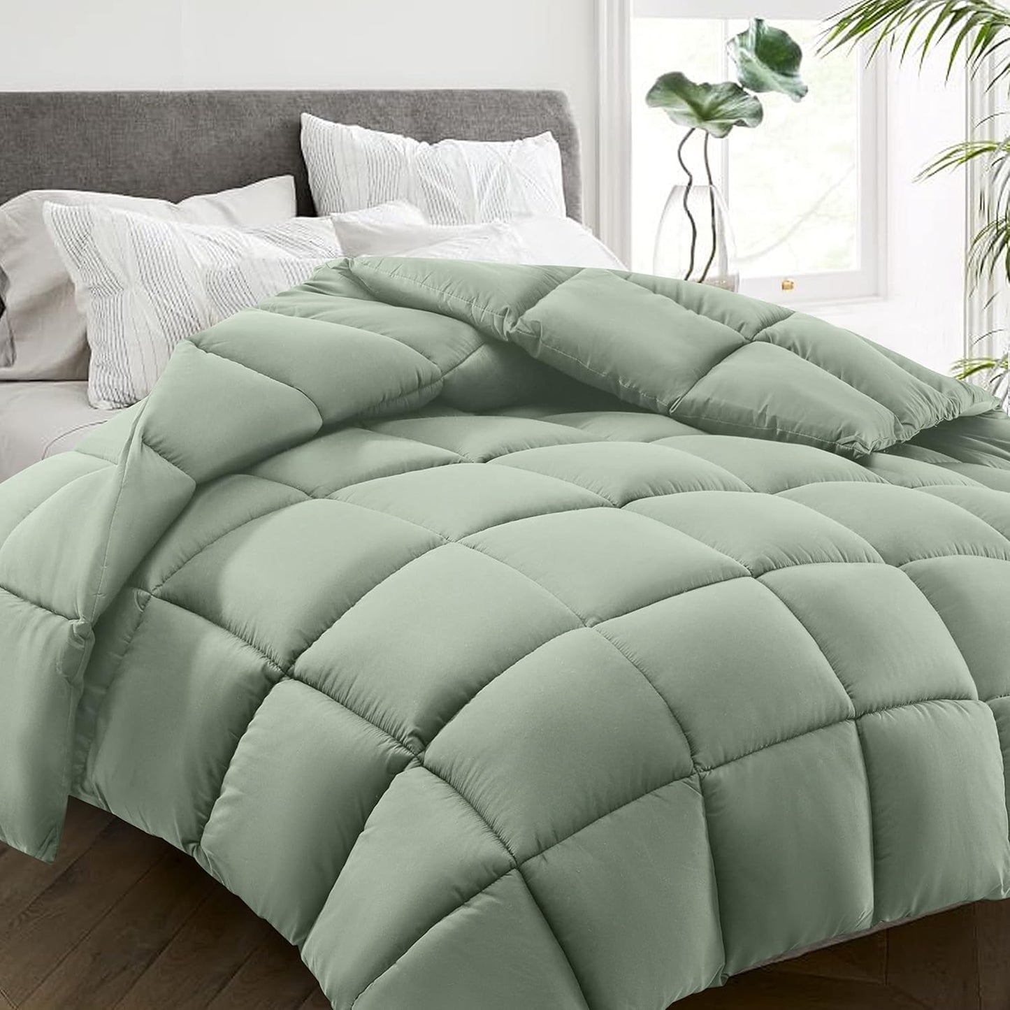 HYLEORY All Season King Size Bed Comforter - Cooling Down Alternative Quilted Duvet Insert with Corner Tabs - Winter Warm - Machine Washable - Sage Green