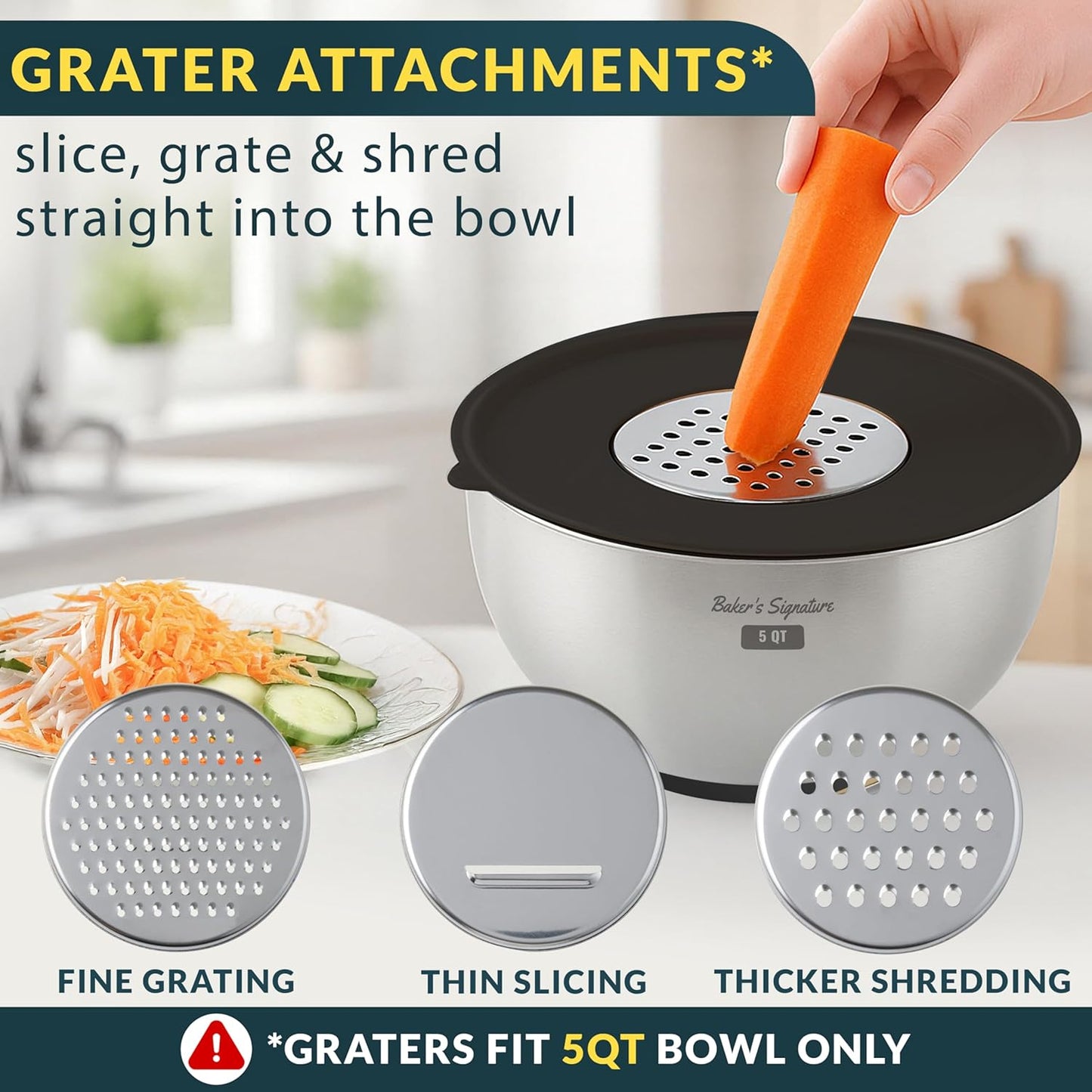 Stainless Steel Mixing Bowls with Lids Set, 5 Sizes, 3 Graters, Non-Slip Base, Airtight Lids, Metal Mixing Bowls for Kitchen, Food Prep, Storage, 0.63QT-5QT, Black