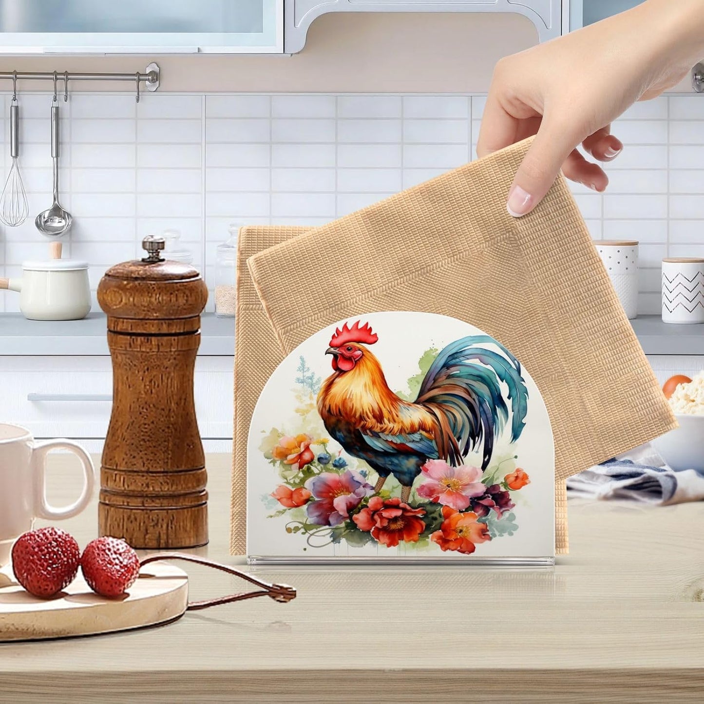 Rooster and Flower Napkin Holder for Table Paper Napkins Holder Acrylic Tissue Dispenser Kitchen Dining Room Bathroom Party Car Decor