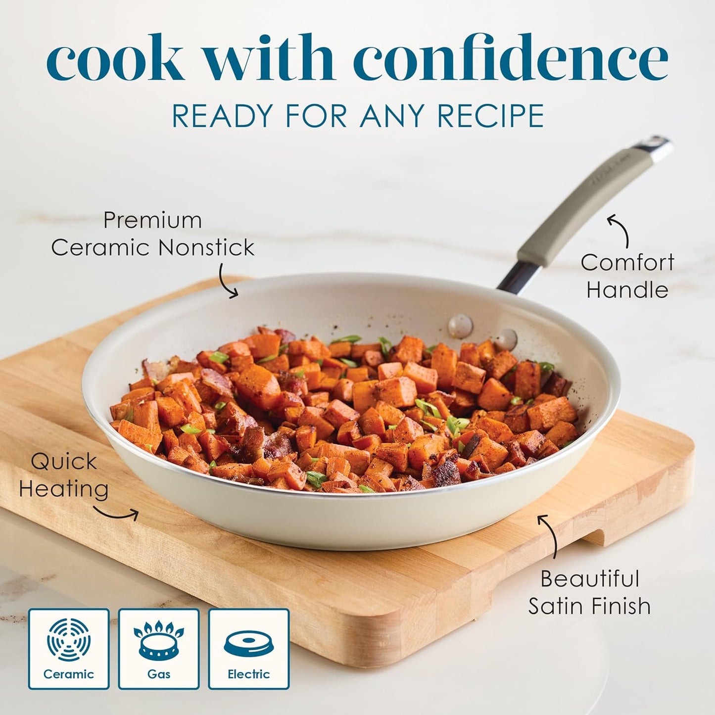 Rachael Ray Cucina Ceramic Nonstick Frying Pan/Skillet, 12.5 Inch Non Stick Open Fry Pan, Dishwasher Safe - Almond