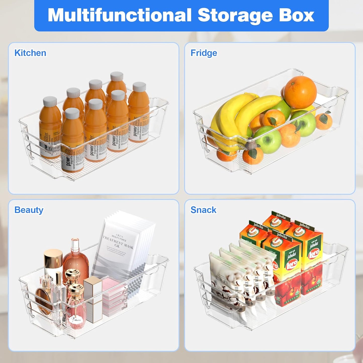 4 Pack Clear Refrigerator Storage Bins, Stackable Plastic Fridge Organizer Kitchen Pantry Storage Bins with Handles for Snacks, Freezer, Kitchen Cupboard, and Cabinet Organization