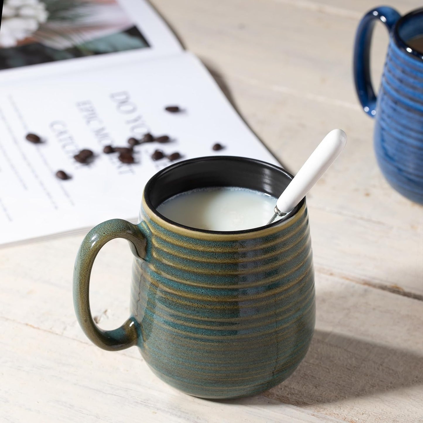 20 oz Large Ceramic Coffee Mugs set of 2, Coffee Mugs for Women and Men, Big Tea Cups, Large Handle Mugs for Office and Home, Microwave and Diahwasher Safe (Green with Stripes, 2PCS)