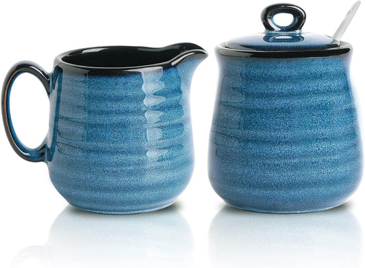 Hasense Porcelain Sugar and Creamer Set,11 Ounce Sugar Bowl with Lid and Spoon,10 Ounce Cream Pitcher,Farmhouse Coffee Sets for Serving,Dishwasher Safe(Blue)