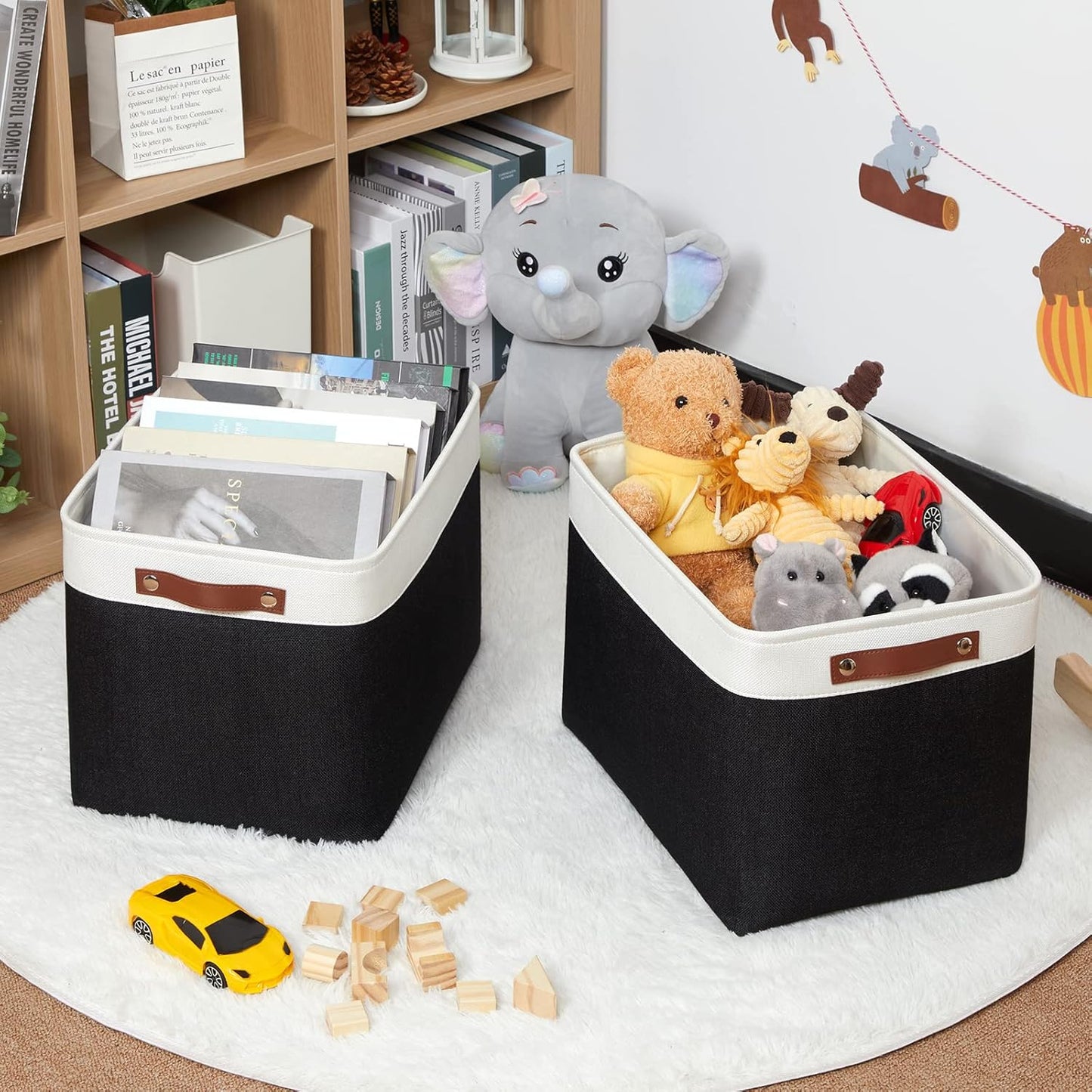 HNZIGE Decorative Organizer Baskets for Shelves 16"×11.8"×11.8" Large Storage Bins with Leather Handles (2 Pack) Foldable Storage Basket for Storage Bedroom, Balcony, Home, Laundry (Black&White)