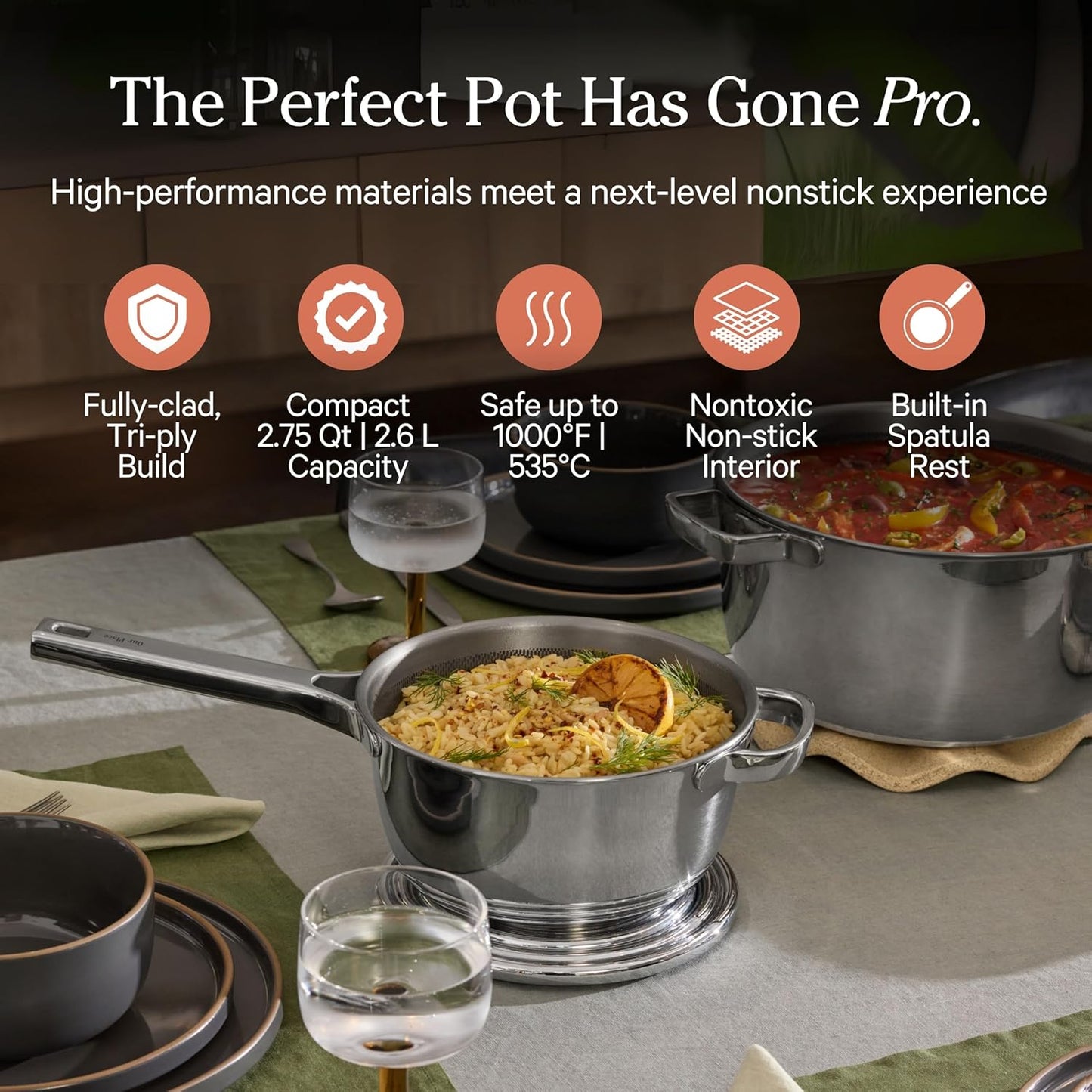 Our Place Titanium Mini Perfect Pot Pro - 2.75 Qt No-Coating Nonstick Pot | Tri-Ply Titanium & Stainless Steel | Oven-Safe up to 1000°F & Compatible with All Cooktops | Chrome