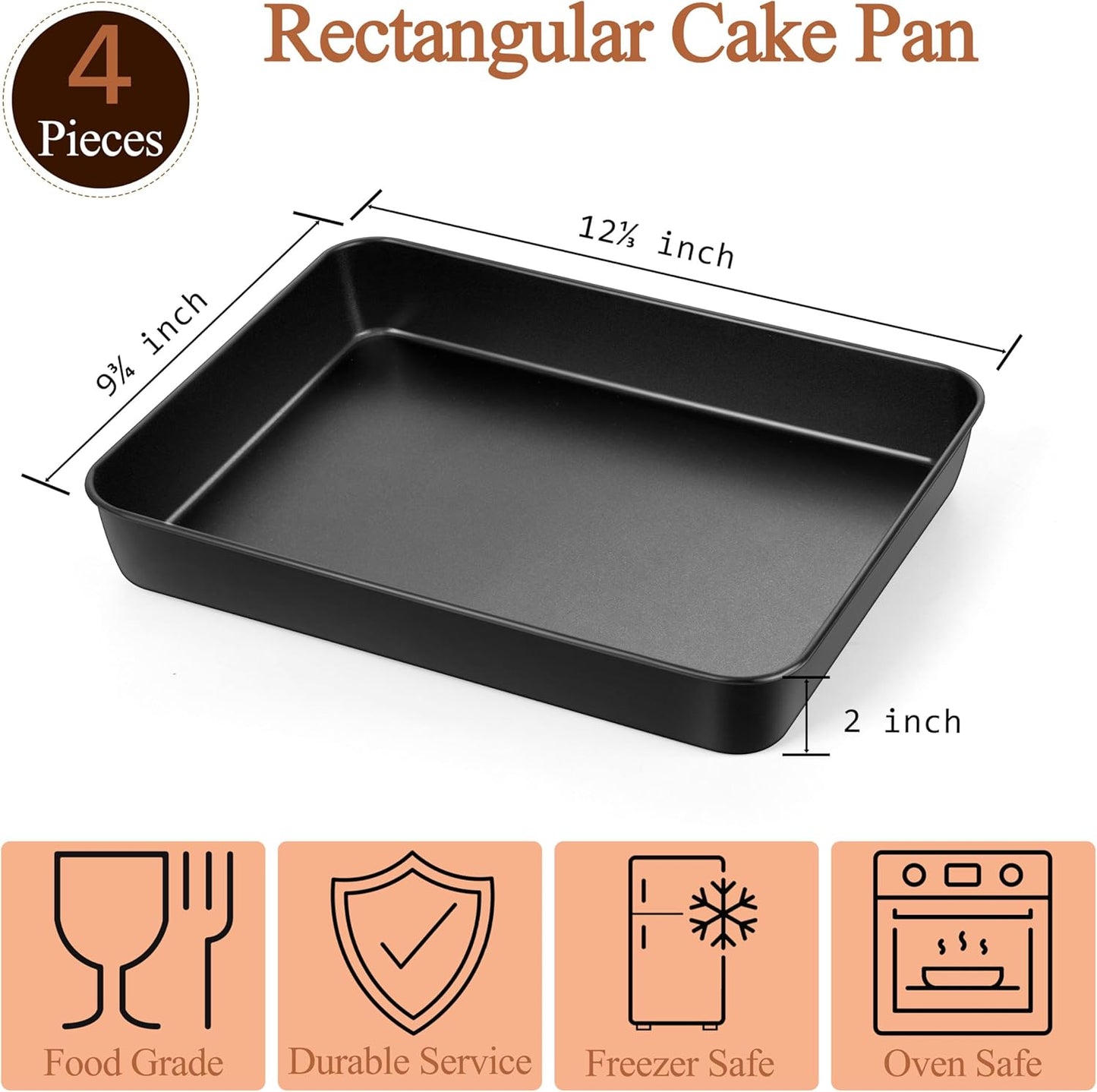 LIANYU 12⅓ x 9¾ x 2 Inch Non-stick Baking Pan Set of 4, Rectangle Cake Lasagna Brownies Casseroles Pan, Bakeware for Cooking Roasting Toaster Oven, Stainless Steel Core & Easy Release